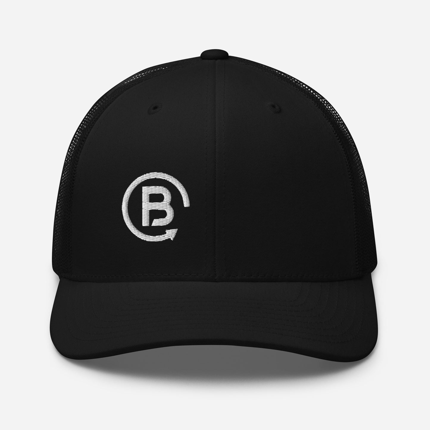 Black trucker hat with a B logo design on the right front panel.