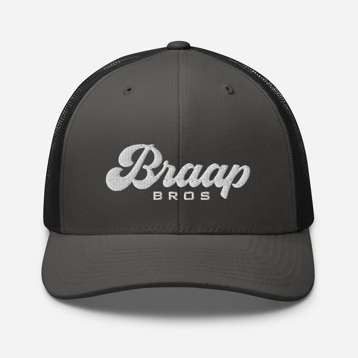 Charcoal and black trucker hat with Braap Bros embroidered on front.