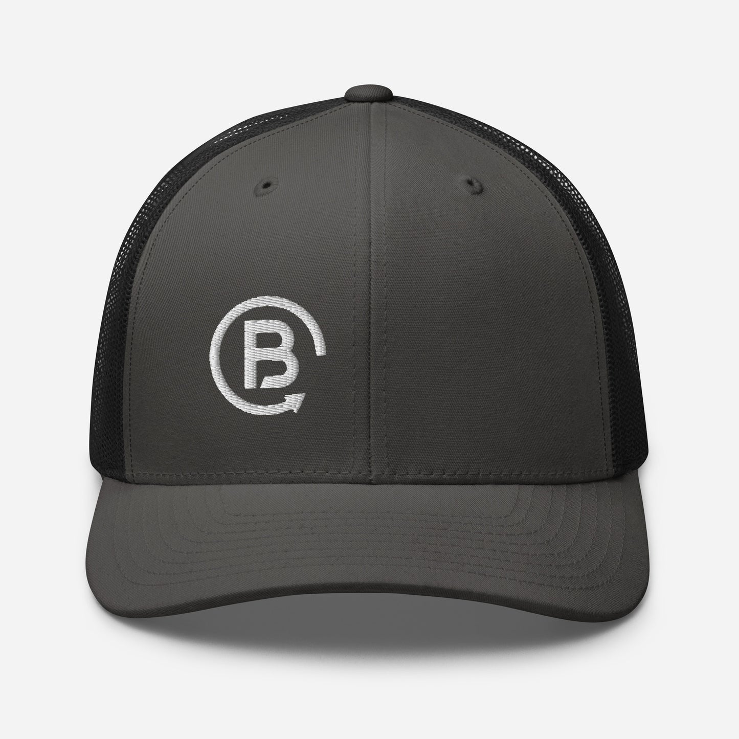 Charcoal and black trucker hat with a B logo design on the right front panel.