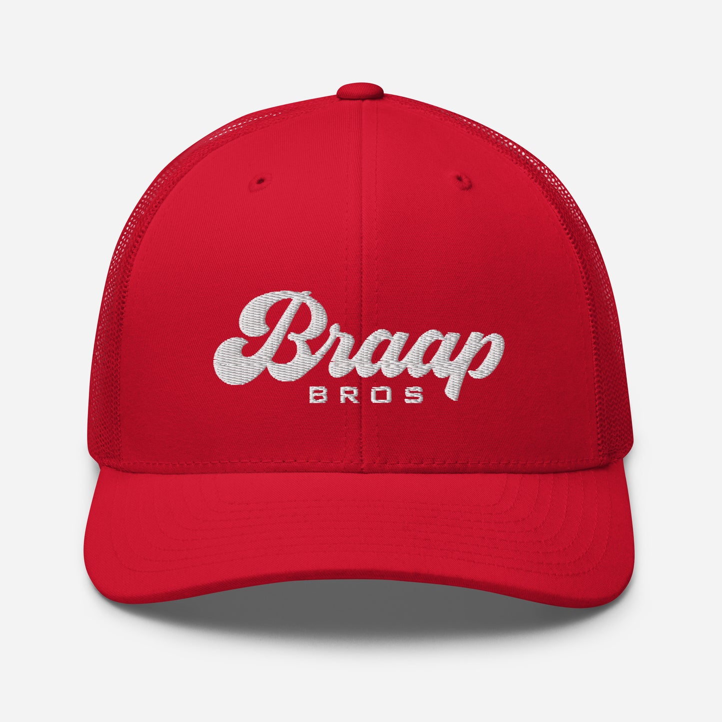 Red trucker hat with Braap Bros embroidered on front.
