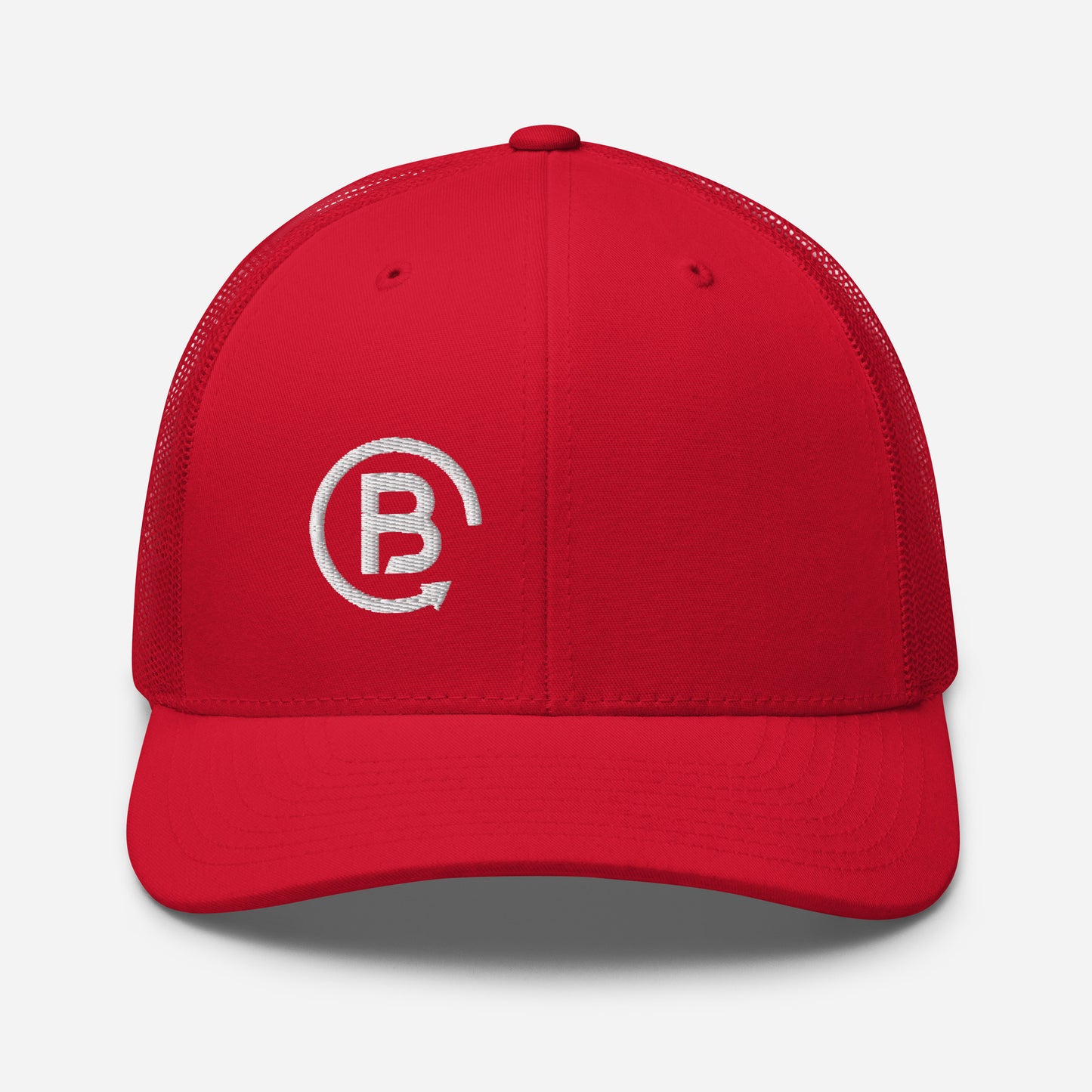 Red trucker hat with a B logo design on the right front panel.