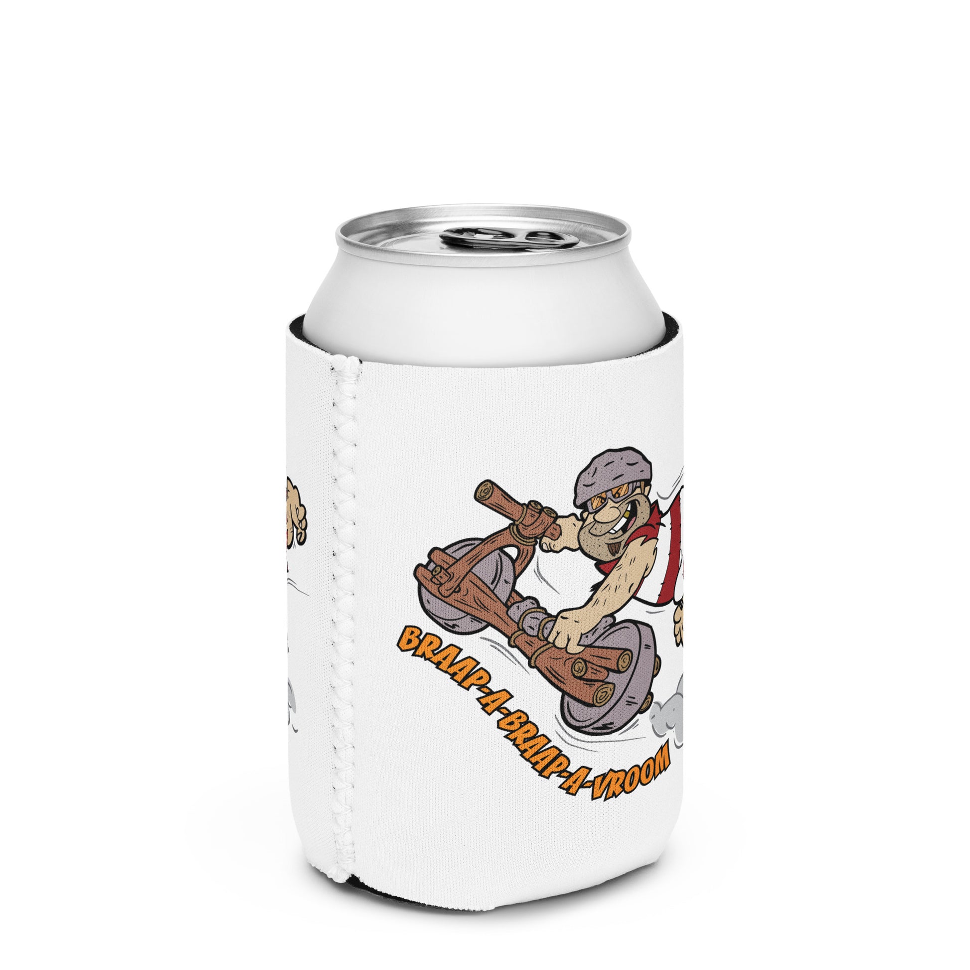 Cave man cartoon character getting big air on can cozy