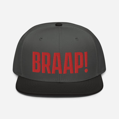 Charcoal and Black hat with red embroidered BRAAP! on the front